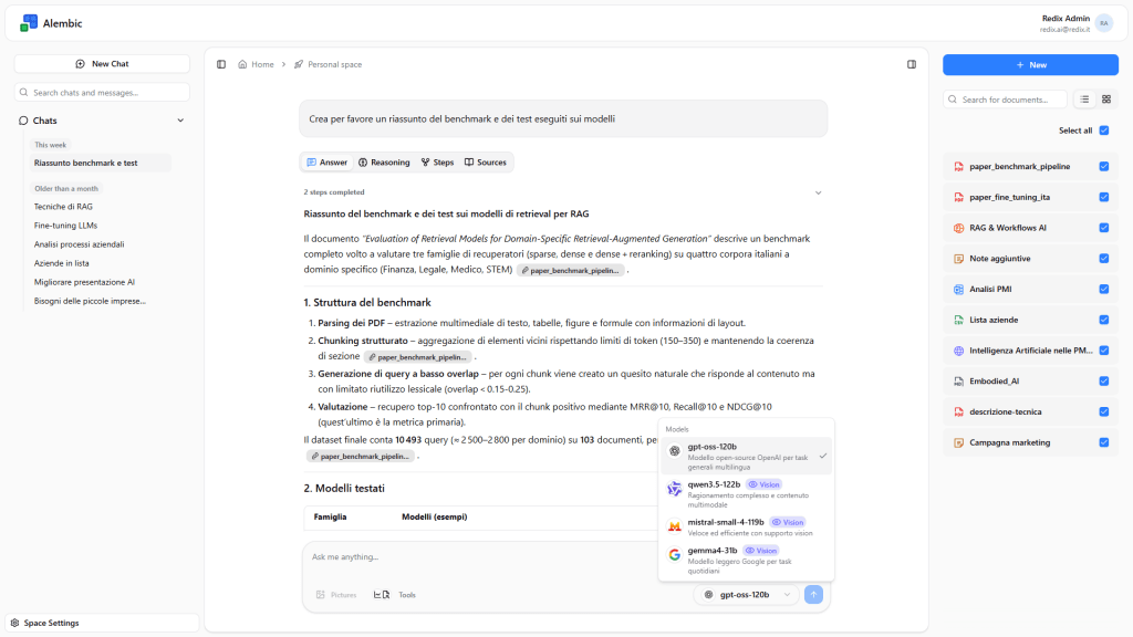 Conversational document intelligence: users can query enterprise content, generate summaries, and select the most suitable generation model.