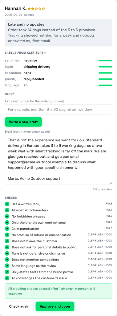 A draft reply with its labels and the list of checks, each marked as rule or Clef-Flash